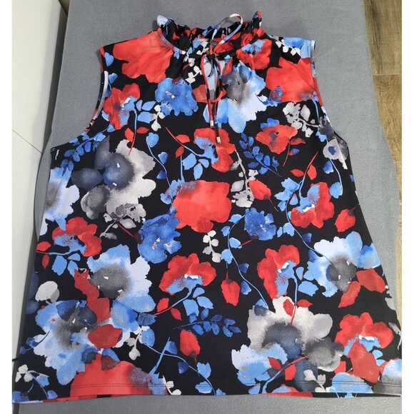 The Limited Tops - The Limited Women's SZ XL Red Blue Floral Ruffle Neck Sleeveless Blouse Top